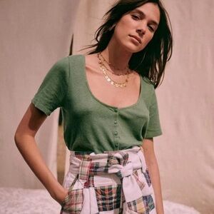 Sezane Milo shirt, green scoop neck button front
